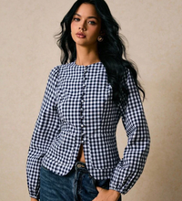 Navy Gingham Fitted Button-Front Top