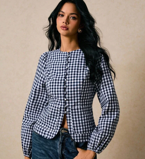 Navy Gingham Fitted Button-Front Top