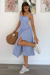 Blue Gingham Button Front Midi Dress for Women – Strappy Fit & Flare Summer Dress