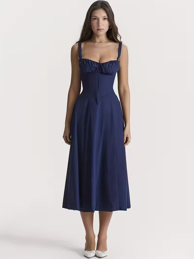 Women's Navy Blue Corset Fit & Flare Midi Dress