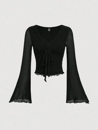 Noir Tie-Front Sheer Sleeve Crop Top
