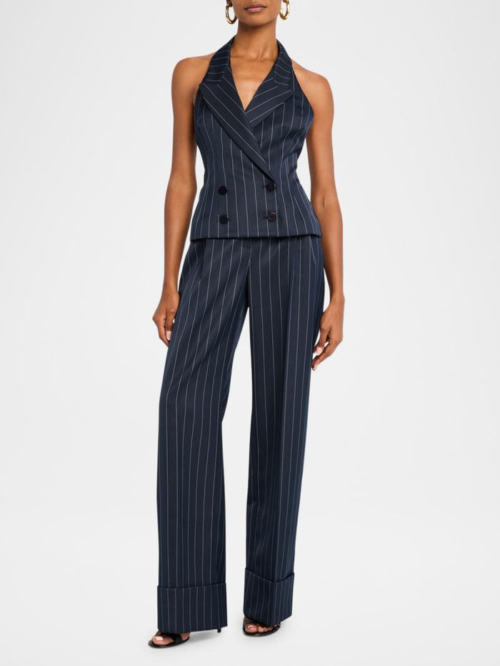 Backless Collared Pinstripe Halter Top & Trouser Set
