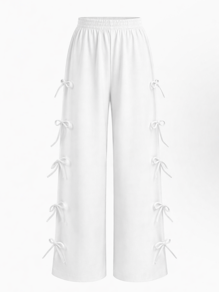 White Side Tie-Up Wide Leg Pants