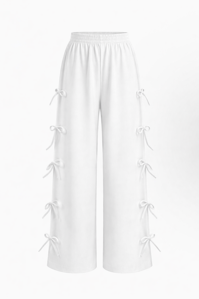 White Side Tie-Up Wide Leg Pants