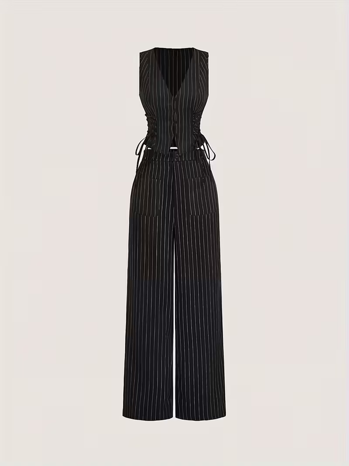 Black Pinstripe Co-Ord Set with Corset Style Top & Wide Leg Pants
