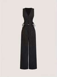 Black Pinstripe Co-Ord Set with Corset Style Top & Wide Leg Pants