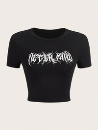 Black "Never Mind" Graphic Printed Crop Top for Women