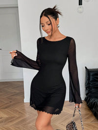 Black Mesh Mini Dress with Sheer Long Sleeves