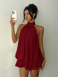 Wine Halter Neck Layered Mini Dress