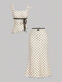 Women Cream Polka Dot Top & Skirt Co-Ord Set with Tie-Up Detail