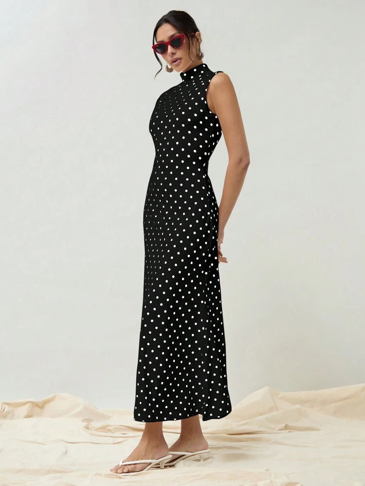 Women Black Polka Dot Sleeveless High Neck Maxi Dress