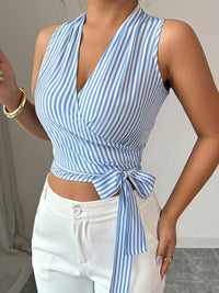 Women's Blue & White Striped Wrap Crop Top – Sleeveless V-Neck Tie Waist Summer Blouse