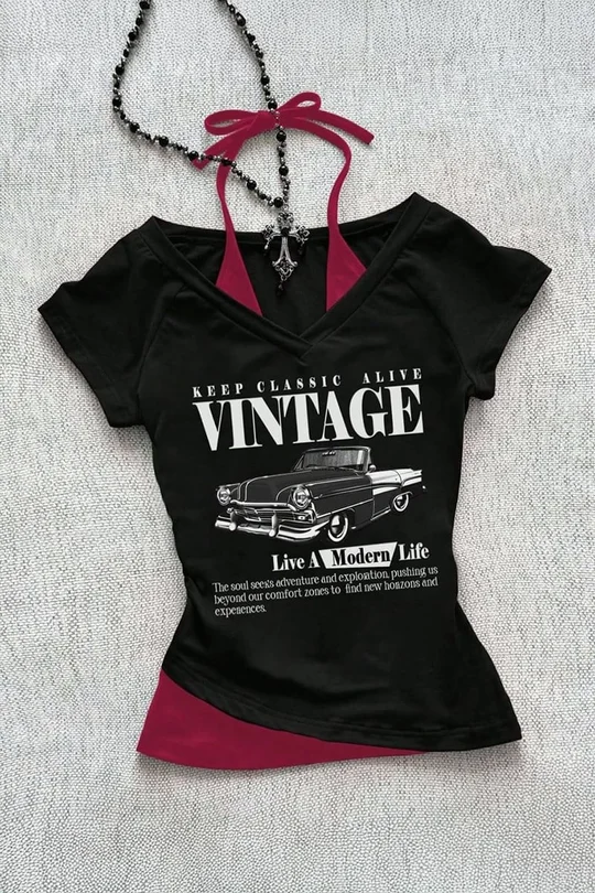 Vintage Graphic Layered V-Neck Top