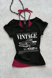 Vintage Graphic Layered V-Neck Top