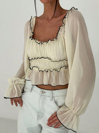Long Puff Sleeve Contrast Trim Layered Split Hem Blouse