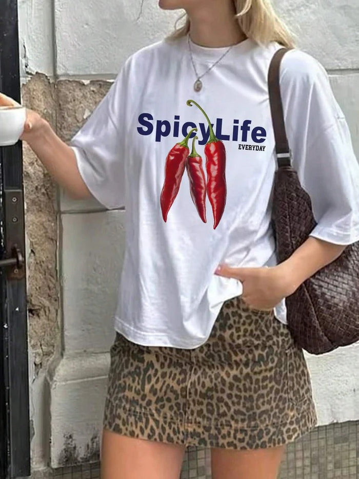 White Spicy Life Graphic Oversized T-Shirt