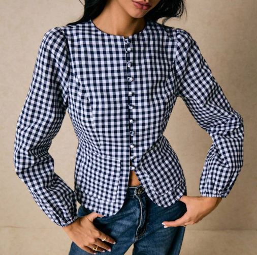 Navy Gingham Fitted Button-Front Top