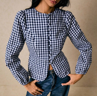 Navy Gingham Fitted Button-Front Top