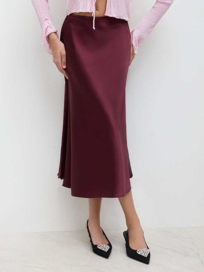 Burgundy Satin Midi Slip Skirt