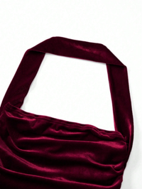 Burgundy Velvet Halter Neck Ruched Maxi Dress