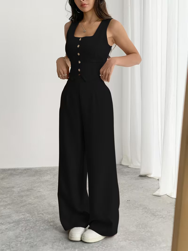 Women's Black Button-Front Sleeveless Wide-Leg Jumpsuit
