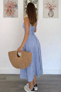 Blue Gingham Button Front Midi Dress for Women – Strappy Fit & Flare Summer Dress