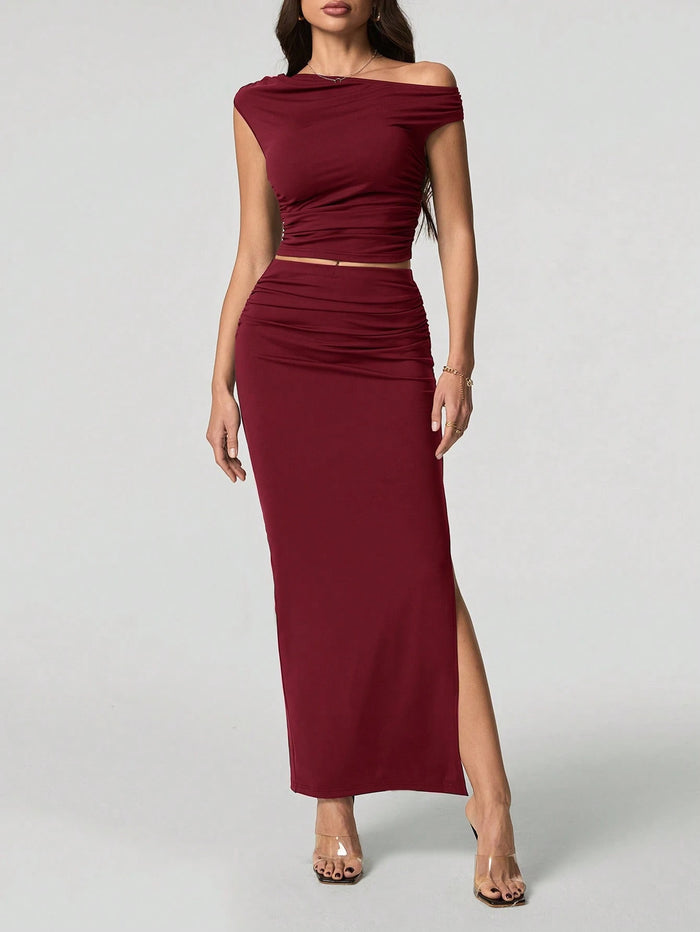 Wine Red One-Shoulder Ruched Co-Ord Maxi Dress