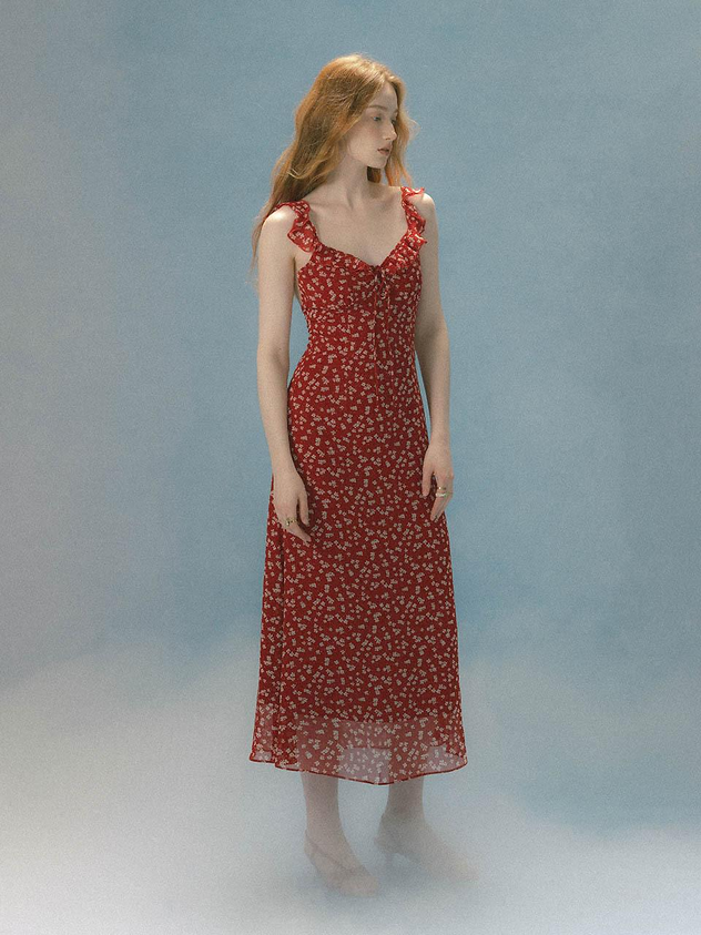 Red Floral Ruffle Strap Maxi Dress