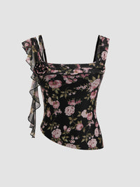Black Floral Mesh Ruched Top with Straps and Ruffle Detail