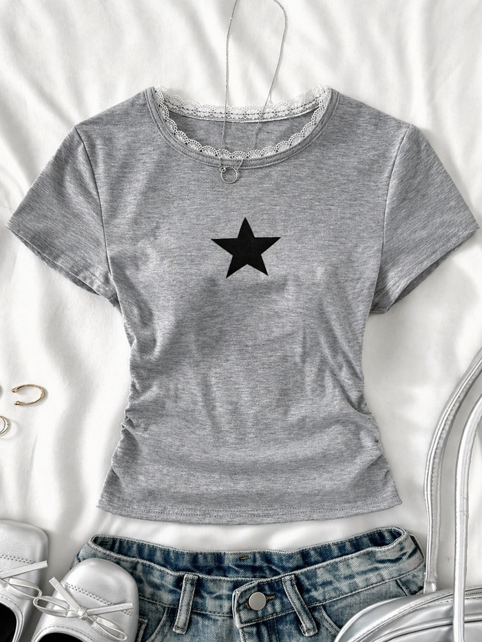 Star Print Lace-Trim Tee