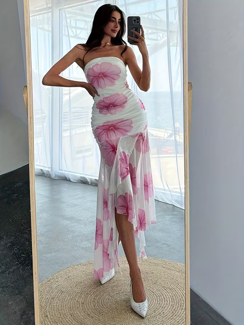 White Pink Floral Asymmetric Dress