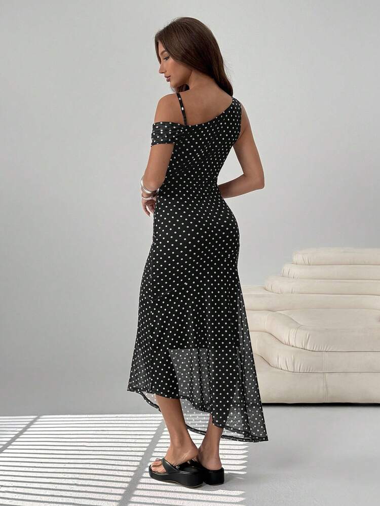Women Black Polka Dot One Shoulder Bodycon Maxi Dress
