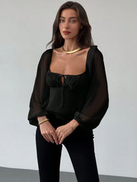 Women's Black Square Neck Sheer Bishop Sleeve Tie-Front Top