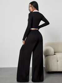 Black Contrast Trim Long Sleeve Cropped Polo & Wide Leg Trouser Co-ord Set