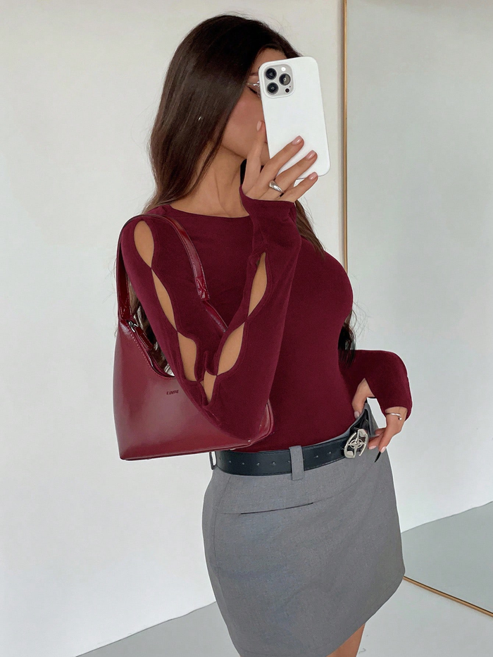 Wine Cut-Out Sleeve Fitted Top