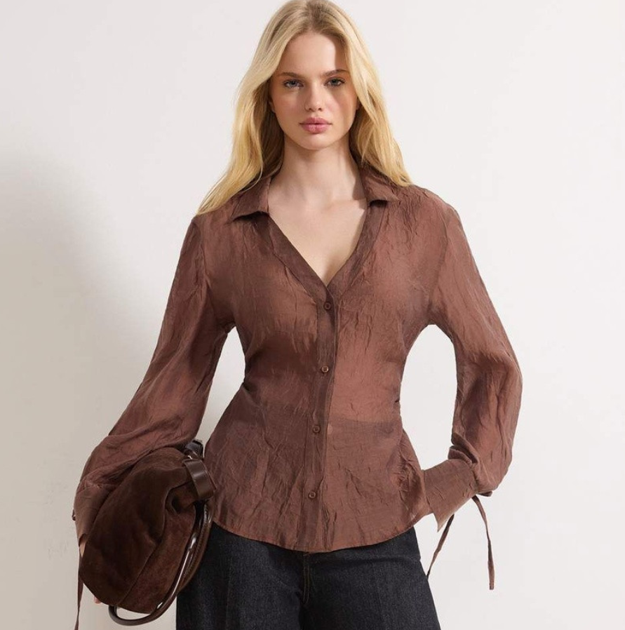 Mocha Sheer Button-Down Top