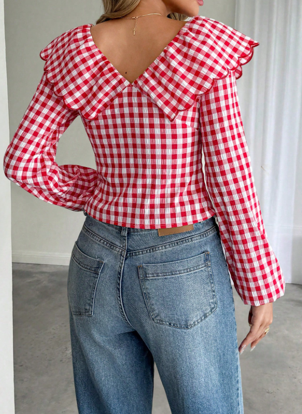 Cherry Gingham Ruffle Bow Top