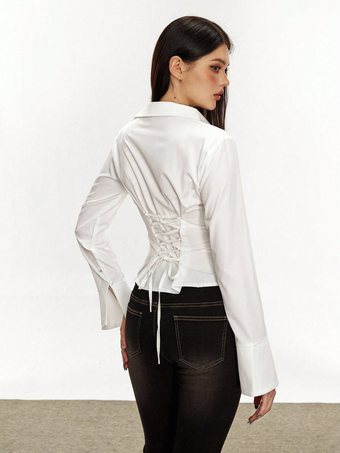 White Corset-Back Button-Down Shirt for Women
