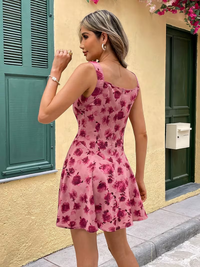 Pink Floral Square Neck Fit & Flare Mini Dress