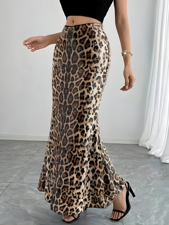 High Waist Leopard Print Sequin Maxi Skirt