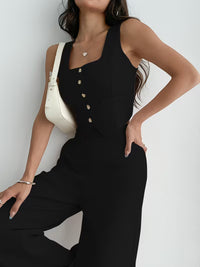Women's Black Button-Front Sleeveless Wide-Leg Jumpsuit