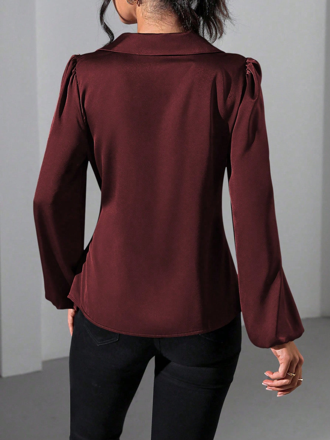 Wine Wrap-Style Tie-Up Blouse with Balloon Sleeves