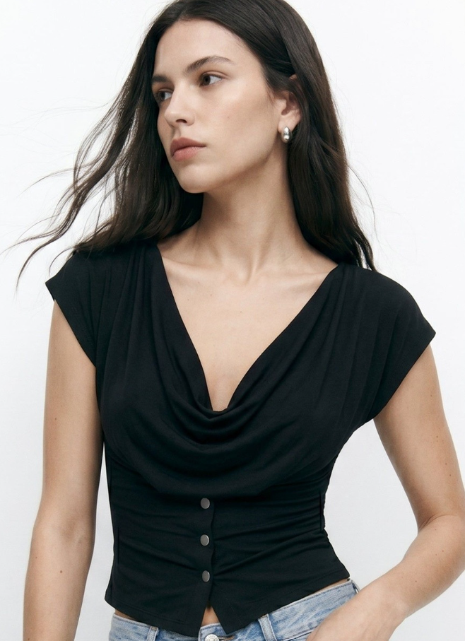 Black Draped Cowl-Neck Top