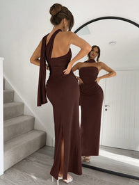 Chocolate Brown Strapless Bodycon Maxi Dress with Scarf Detail