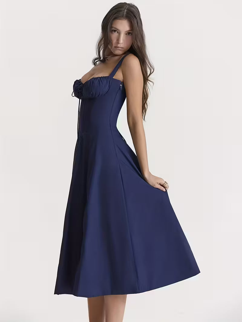 Women's Navy Blue Corset Fit & Flare Midi Dress