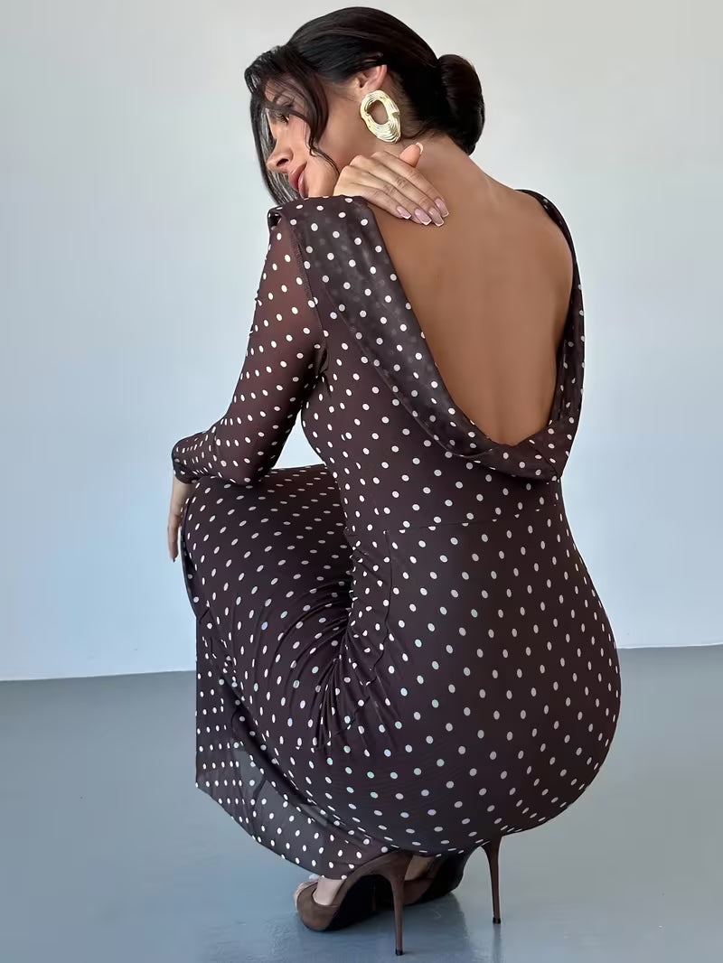 Brown Polka Dot Mesh Backless Maxi Dress for Women