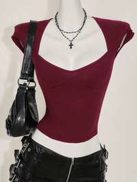 Wine Sweetheart Neckline Fitted Crop Top