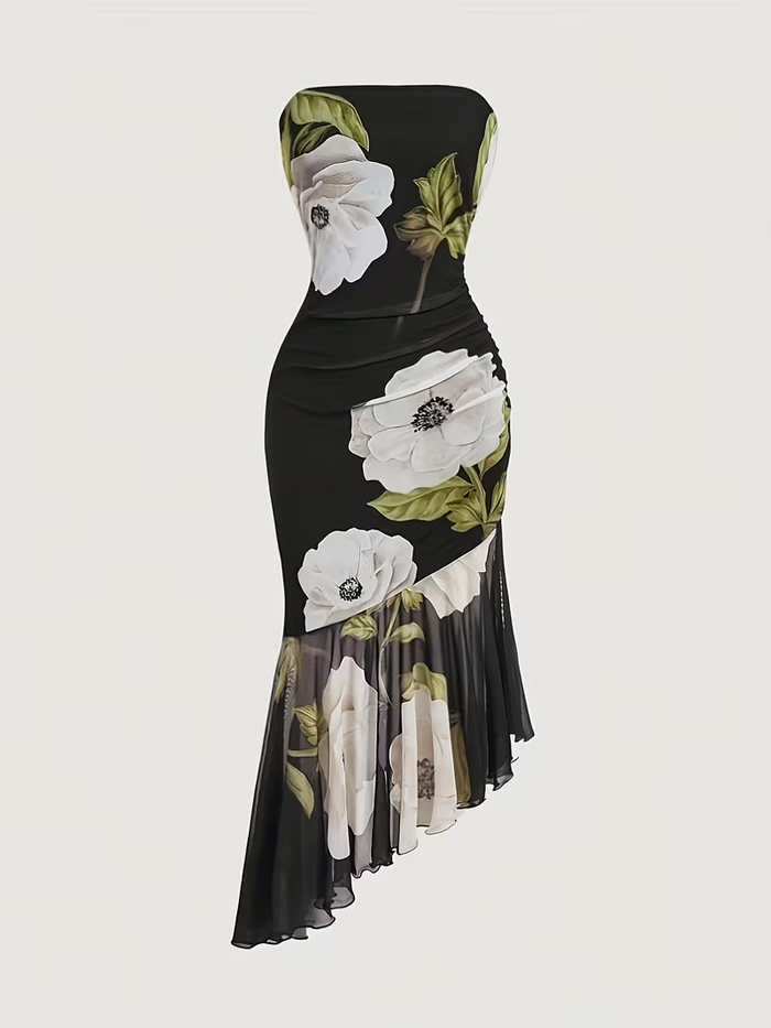 Black Strapless Floral Asymmetric Midi Dress