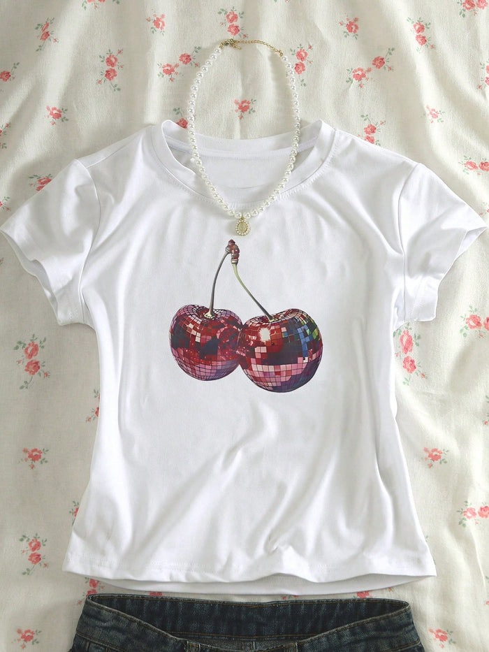 Disco Cherry Graphic White Crop T-Shirt