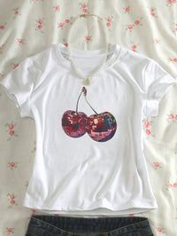 Disco Cherry Graphic White Crop T-Shirt